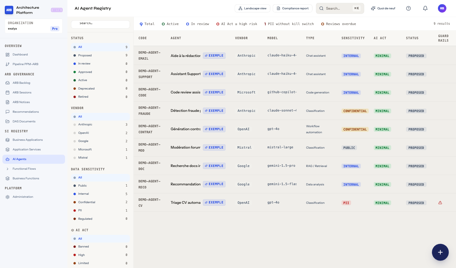 Registre des agents IA — 9 agents avec classification AI Act