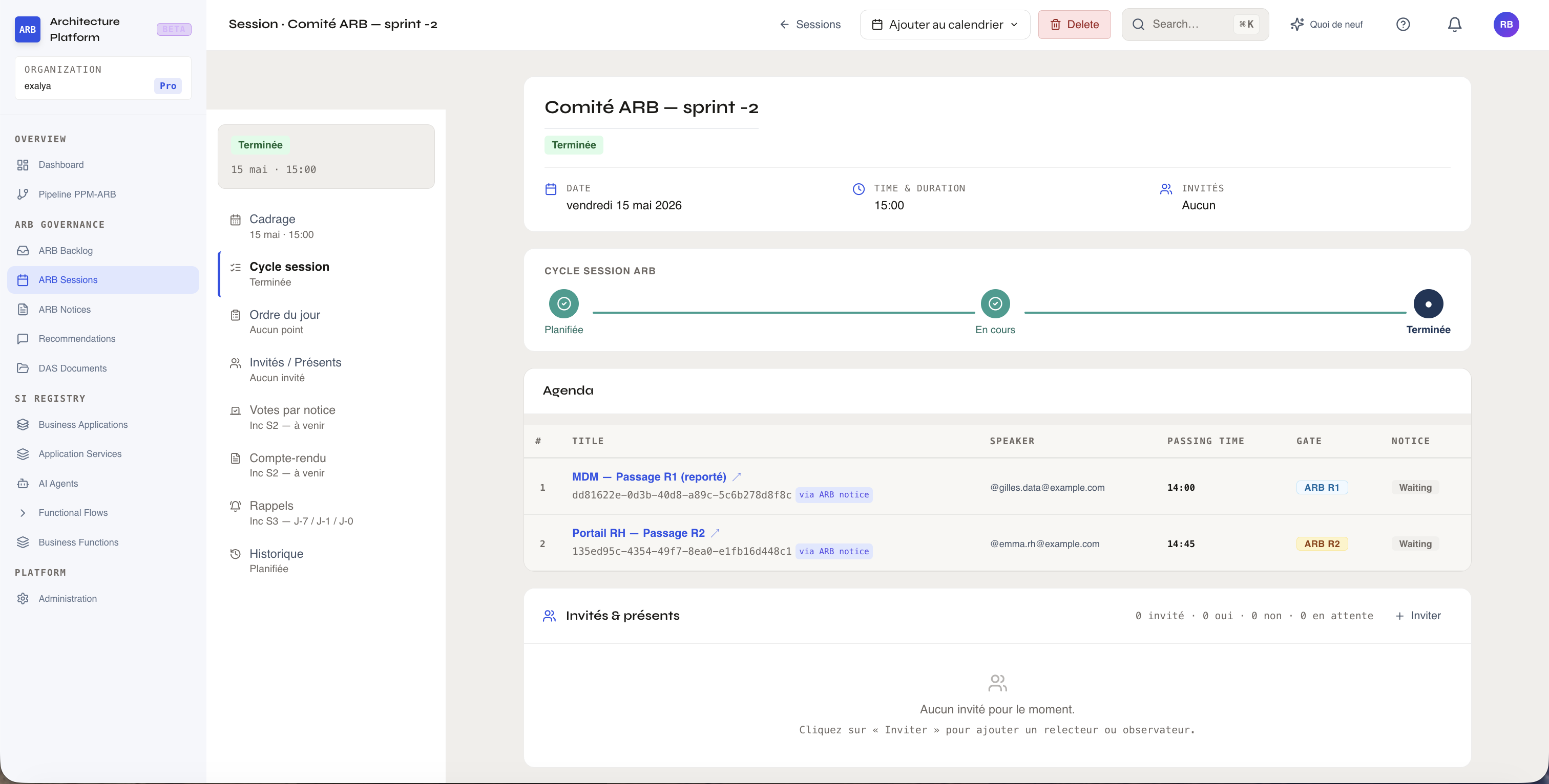 Comité ARB — séance avec sujets, votes, verdicts par stakeholder