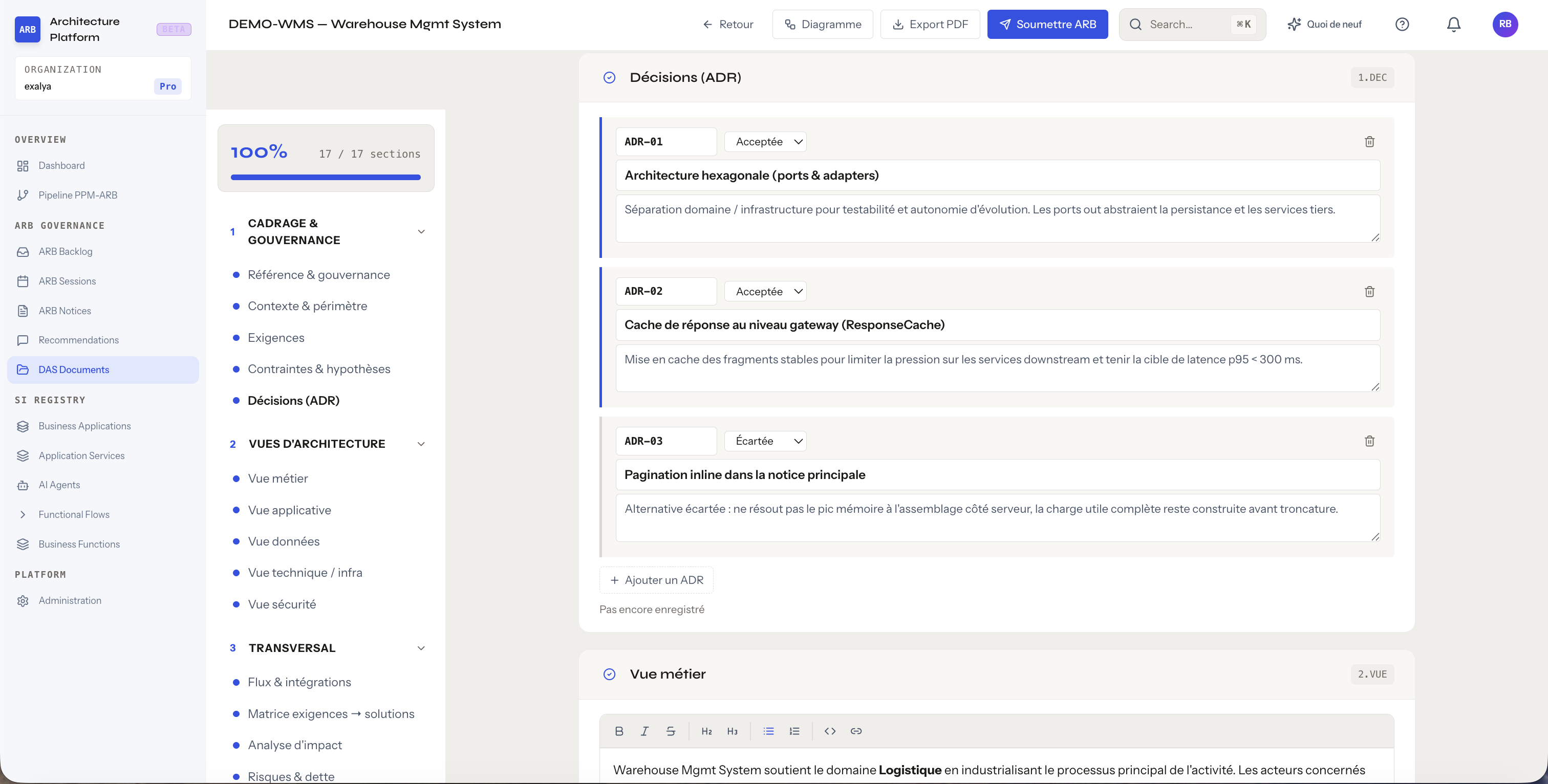 DAS — sections structurées avec verdicts par stakeholder