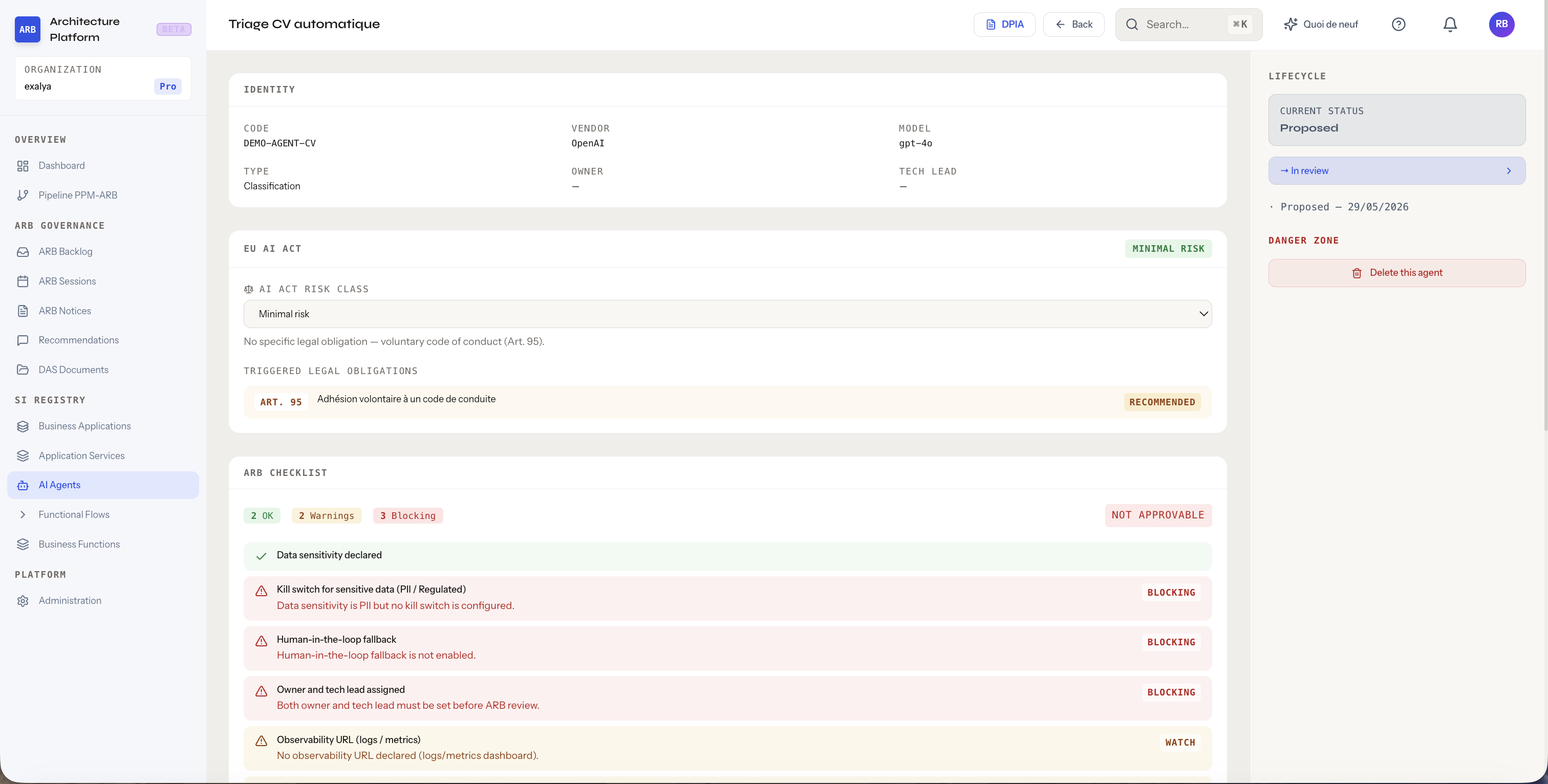 Fiche agent IA — classification, DPIA, kill switch, guardrails