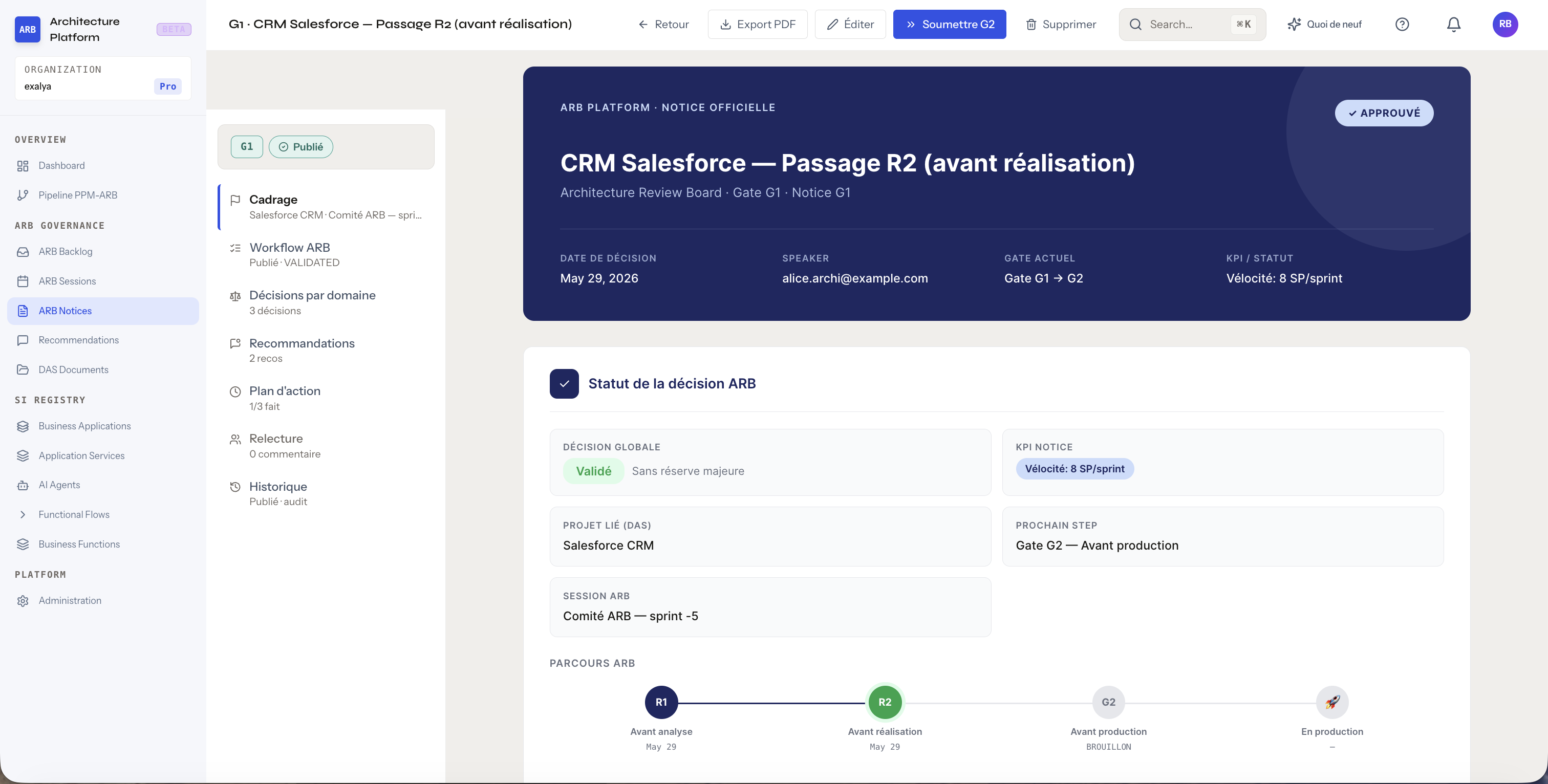 Notice ARB signée — verdicts atomiques + action items + audit trail